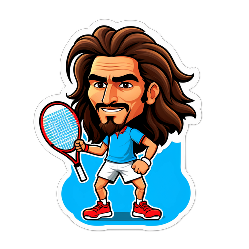 Caricatura de 'Stefanos Tsitsipas' con su característico melenón, sosteniendo una raqueta de tenis