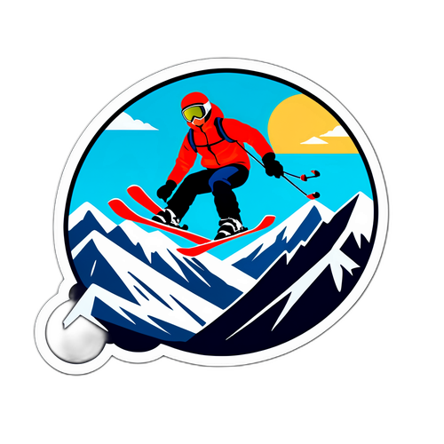 Sticker cu schior efectuând un truc mare cu munți acoperiți de zăpadă
