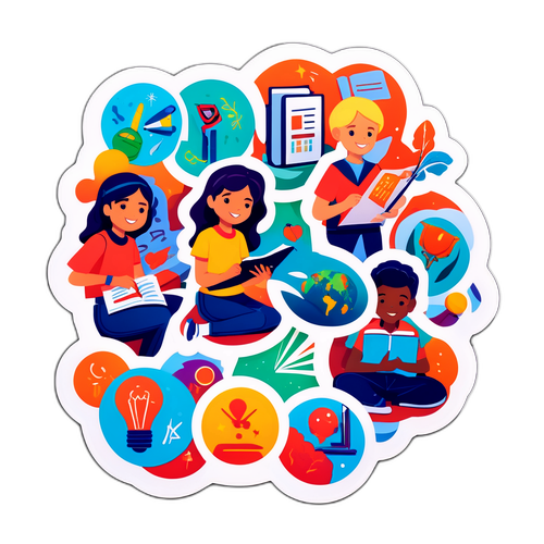 Autocolant cu elevi colaborând la proiecte pentru învățare și creativitate