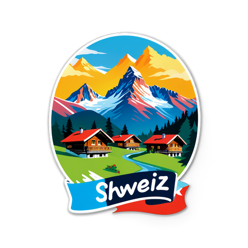 Farverig klistermærke med schweiziske bjerge