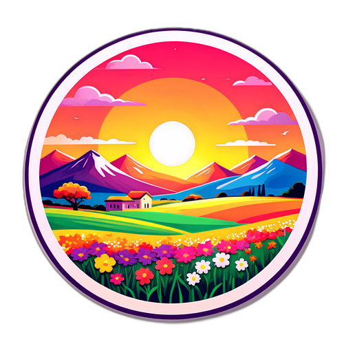 Escena típica de Olavarría con campos de flores y un atardecer colorido