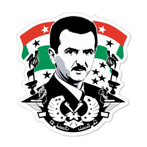 Stickers met afbeelding van Bashar al-Assad omringd door Syrische symbolen