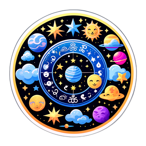 ज्योतिषीय थीम वाला स्टिकर जो राशि चक्र के प्रतीकों और आकाशीय चित्रणों के साथ है