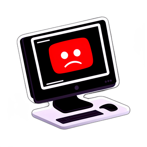 Sticker eines 'YouTube Down'-Hinweises auf einem Computerbildschirm mit traurigem Gesicht