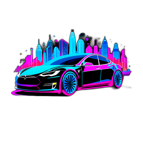 Snygg klistermärke av en Tesla-bil i en futuristisk stad