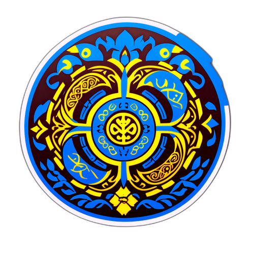 Наклейка з Конотопом, що зображає традиційні українські символи поряд із сучасним дизайном