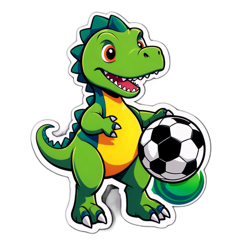 Stiker Dino Lucu Bermain Sepak Bola