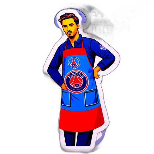 הוא לובש סינר אמנים, מתאר mural צבעוני של 'פריז סן ז'רמן'