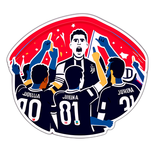 Illustratie van de voetbalwedstrijd Bologna - Juventus met fans in hun kleuren die juichen