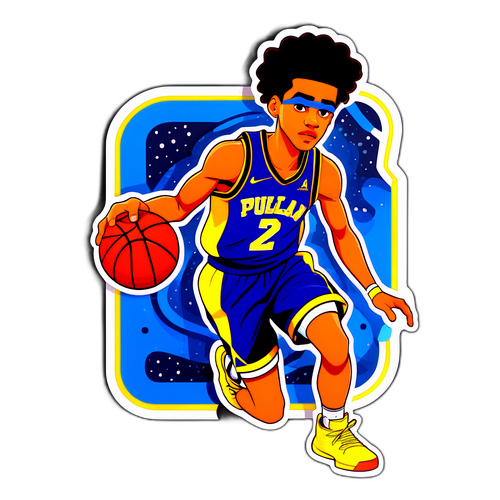 Isang kartun na ilustrasyon ni Jordan Poole na naglalaro ng basketball