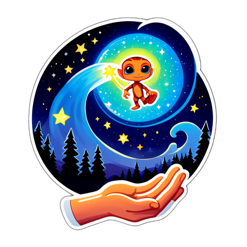 Un incantevole sticker di 'ET' che estende il suo dito per toccare una stella luminosa