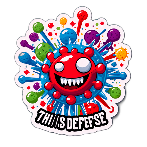 カラフルなはしかウイルスキャラクターとスローガン「これが私の防御方法です！」のデザイン