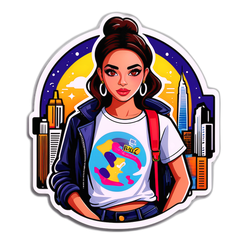 Una pegatina de Tania Suárez con fondo urbano y elementos de moda