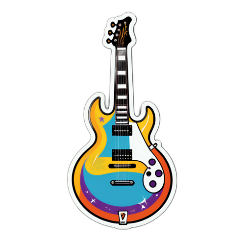 A Frehley gitár rajza csillogó színekben és retró rock stílusban