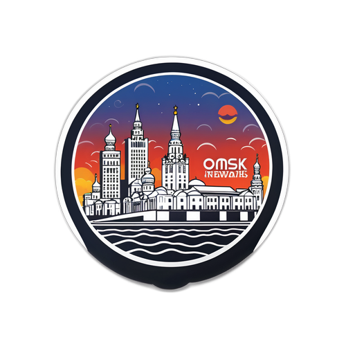Минималистичный стикер с логотипом Omsk news и вечерним городским пейзажем