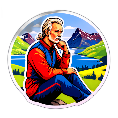 En klistremerke med Dag Inge Ulstein tenksomt plassert mot Norges landskap
