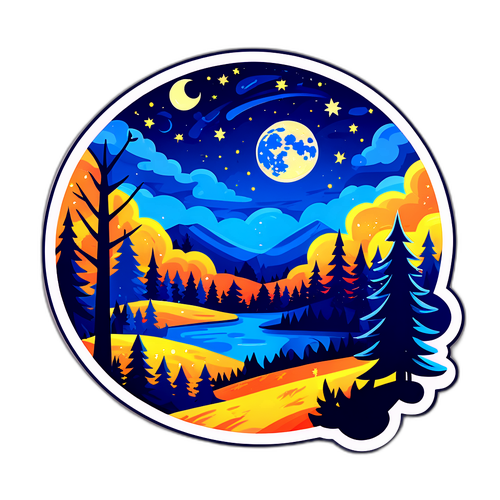 Un paysage nocturne étoilé avec une pleine lune au-dessus d'une forêt d'octobre