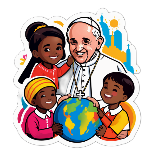 Radosna naklejka Papieża Franciszka z dziećmi z różnych kultur