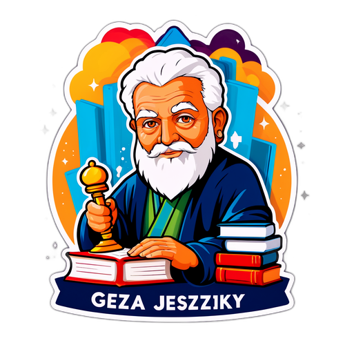 Translation result: Create a sticker featuring Géza Jeszenszky with a character representing wisdom, surrounded by books and cultural symbols.