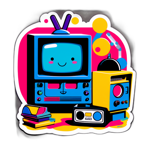 Design inspiré des années 90 avec un personnage cartoon et des éléments de télévision rétro