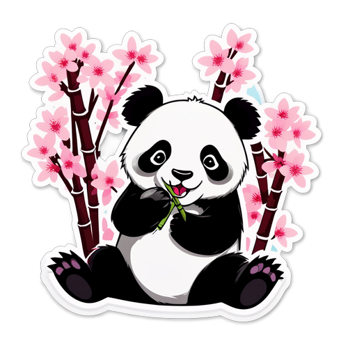 Playful Panda with Bamboo and Cherry Blossoms