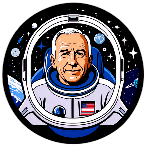 Een sticker van Jim Lovell in een cockpit met een achtergrond vol constellaties en ruimte-elementen