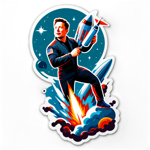 Futuristischer Aufkleber von Elon Musk mit Raketen und Marslandschaften
