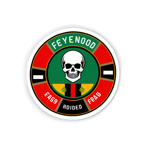 Sticker van het Feyenoord logo met een achtergrond van een stadion vol fans en vlaggen