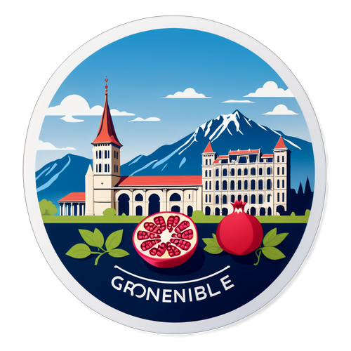 Illustration simplifiée de Grenoble avec des éléments architecturaux emblématiques et une grenade en filigrane