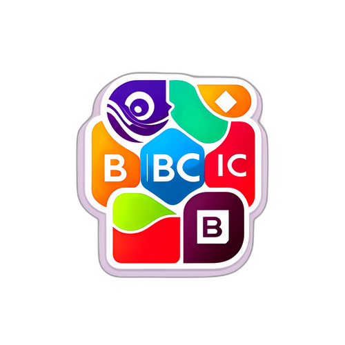 Logo BBC s barevným pozadím a grafickým motivem různých mediálních platforem