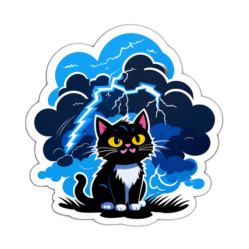 Sticker 'Bão Đến!' với mây đen và sét, cùng với một chú mèo lo lắng