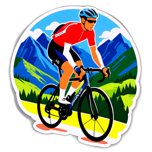Sticker van Serge Pauwels die door de bergen fietst, met spectaculaire uitzichten