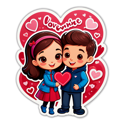 Valentijnsdag Sticker met Schattig Cartoon Koppel