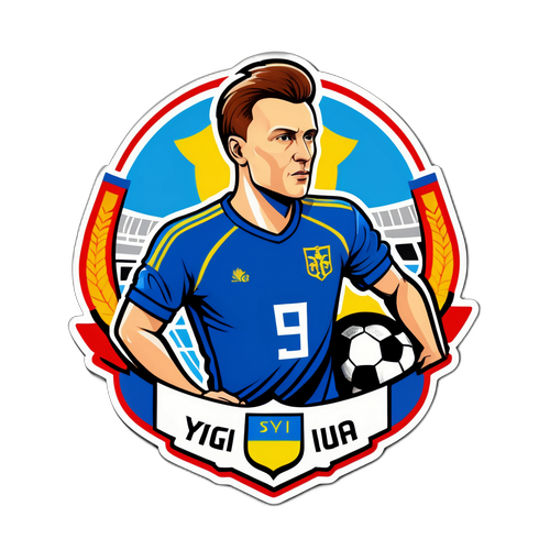Стильний значок з зображенням Ярослава Рушишина у формі футболіста на фоні стадіону з елементами української символіки