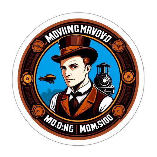 Наклейка з часом на фоні Деніса Маслова, з гаслом 'Рухаючись вперед!', у стилі steampunk