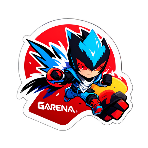 Nhãn dán với logo Garena đầy màu sắc, featuring các nhân vật trò chơi nổi tiếng