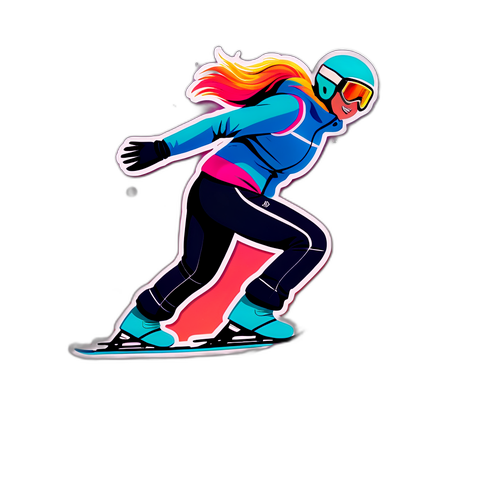 Livlig illustrasjon av Nika Prevc som hopper fra en skibakke mot en fargerik solnedgang med motiverende ord