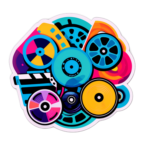 Abstrakt design med filmruller og psykedeliske elementer