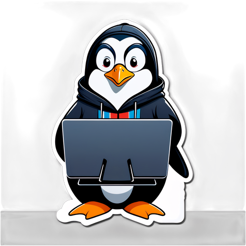 Penguin Wearing a Hacker Hoodie Using Desktop Computer Sticker