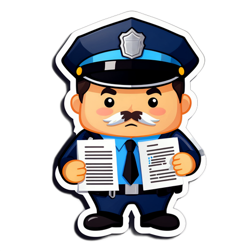 可爱的纸碎机角色穿警察制服，手持文件