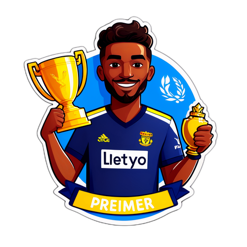 프리미어 리그 우승 기념 배지와 트로피를 들고 있는 팬 캐릭터