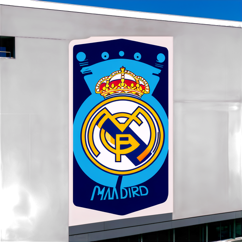 Sticker en la fachada del estadio del Real Madrid con el texto '¡Hala Madrid!' en un estilo moderno y deportivo