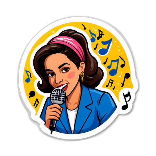 Sticker mostrando una ilustración de Lourdes Arrieta con un micrófono y notas musicales