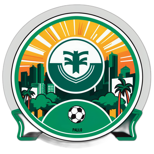 Kleurrijke sticker van het Palmeiras-logo met een achtergrond van het Sao Paulo-landschap