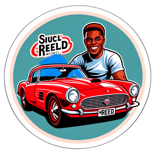 Vintage-Style Sticker of Marcel Reed with Classic Car