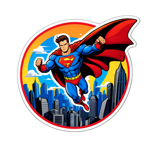 Held Aufkleber mit Superheld, der über eine Stadt fliegt