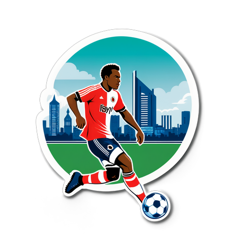 Sticker van een voetballer in Feyenoord-shirt met skyline van Rotterdam