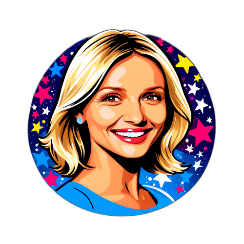 Χαρούμενη αυτοκόλλητη εικόνα της Κάмерον Ντίαζ με αστέρια και λάμψεις