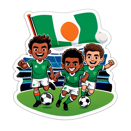 Illustrerende klistermærke af en handlingfyldt fodboldkamp mellem Irland og Portugal