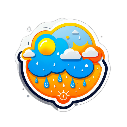Sticker mô phỏng bản đồ thời tiết với đám mây, mưa và nắng